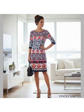 Vince Camuto Womens Multicolor Geometric Print Sheath Dress Elbow Sleeves Knee L